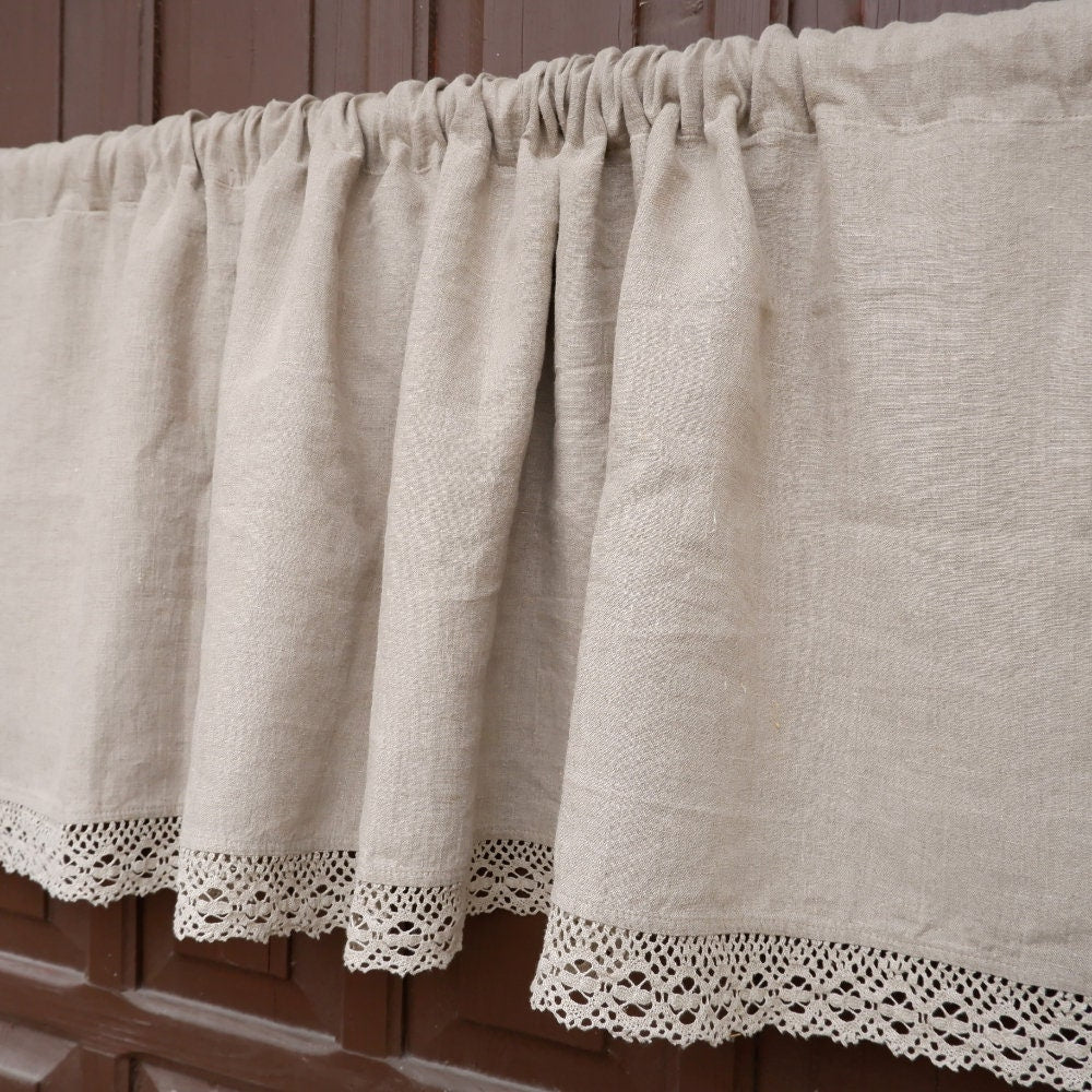 Custom size  Valance natural with laces, Farmhouse Pure linen window treatment, Living room Cafe Kitchen window panel, farmhouse curtains