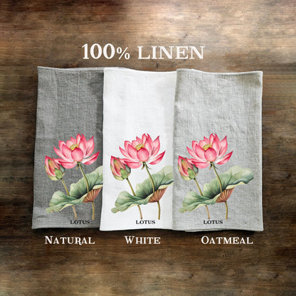 Lotus floral Tea Towel in linen, Botanical Hand Towels Tea in linen, pink flowers linen  Dish Towel  Kitchen Décor Tea Towel in linen