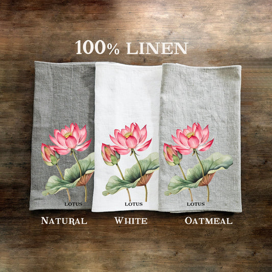Lotus floral Tea Towel in linen, Botanical Hand Towels Tea in linen, pink flowers linen  Dish Towel  Kitchen Décor Tea Towel in linen