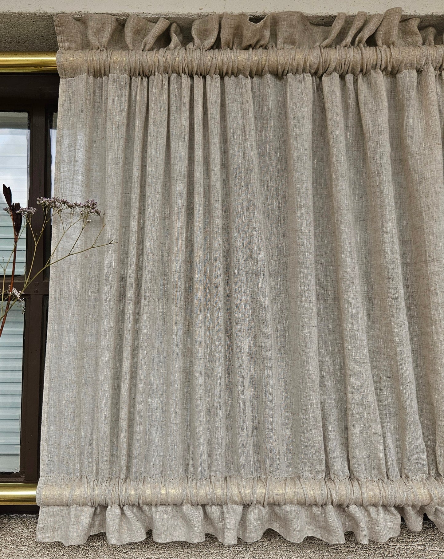 Natural LINEN Cafe Curtains sheer - kitchen curtains with top and bottom rod pocket  - Oatmeal