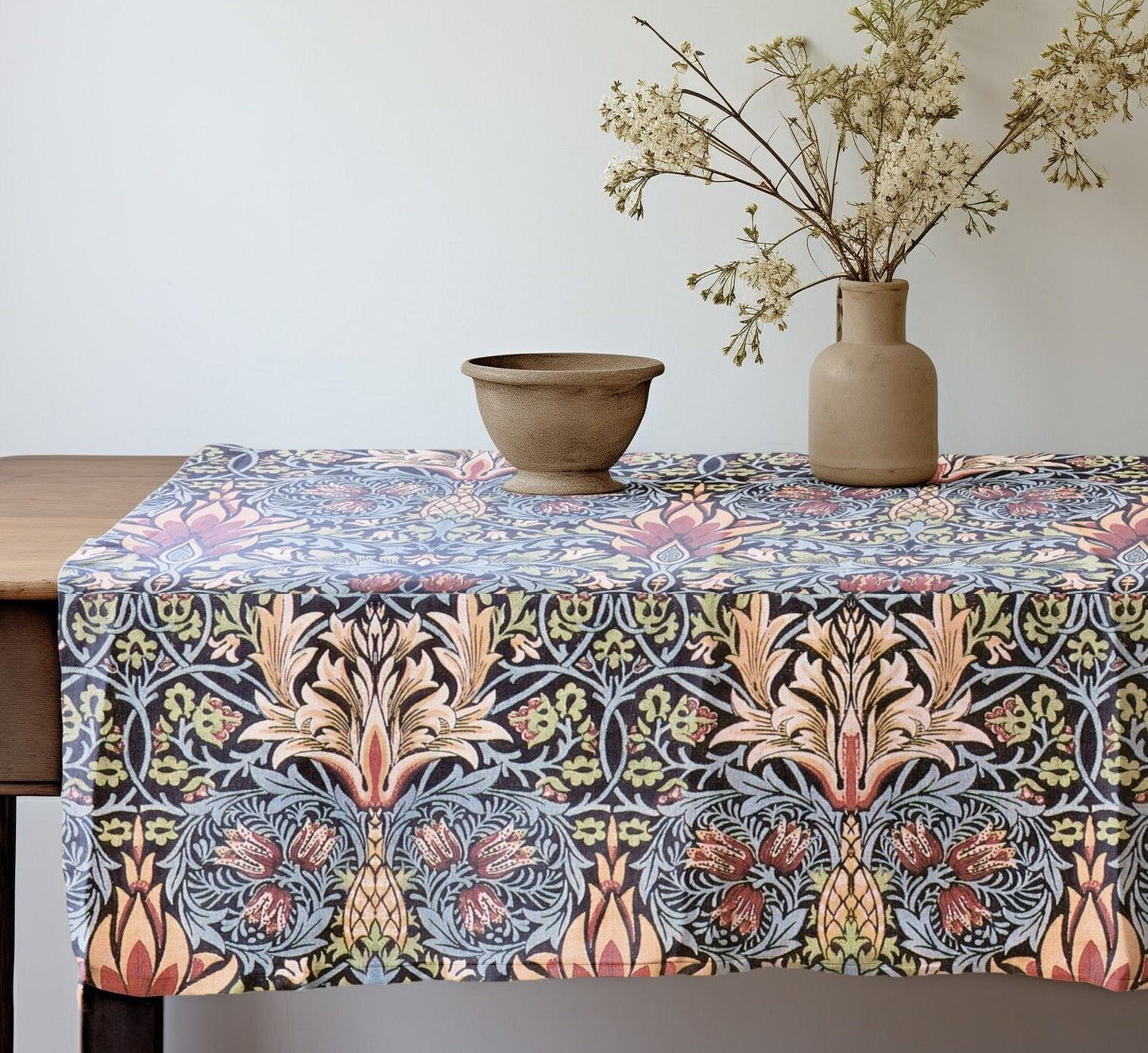linen tablecloth with William Morris print Snakeshead