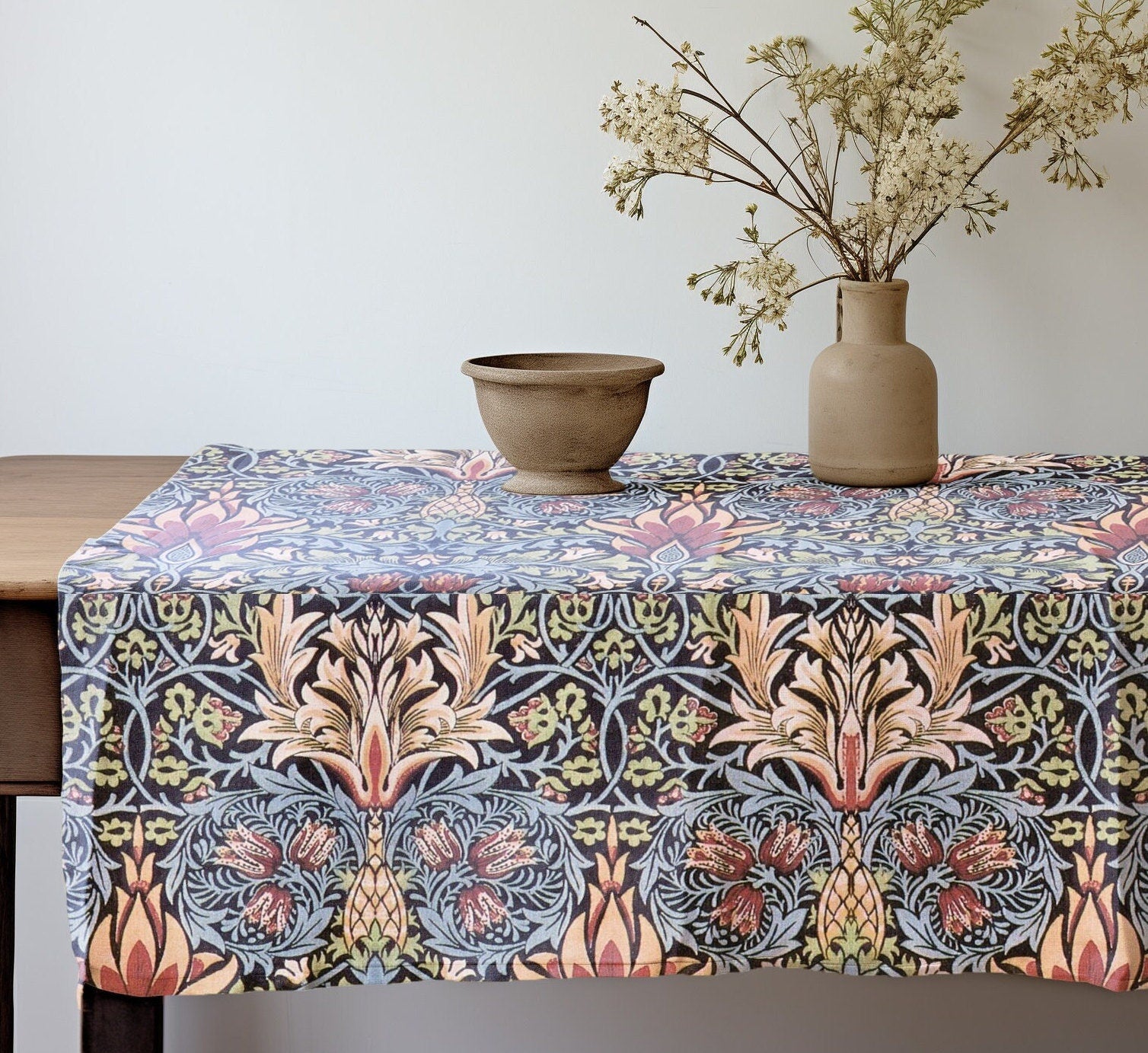 linen tablecloth with William Morris print Snakeshead