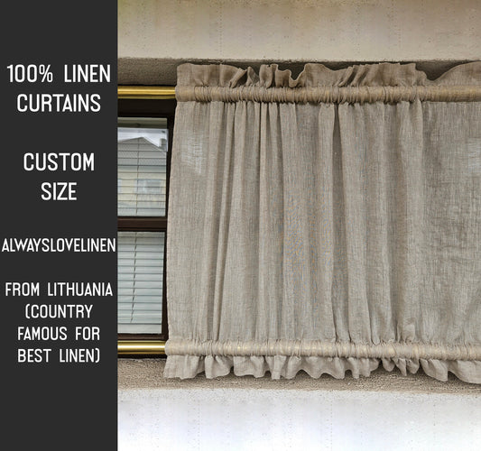 Natural LINEN Cafe Curtains sheer, kitchen curtains with top and bottom rod pocket Farmhous window panel, window curtain custom size
