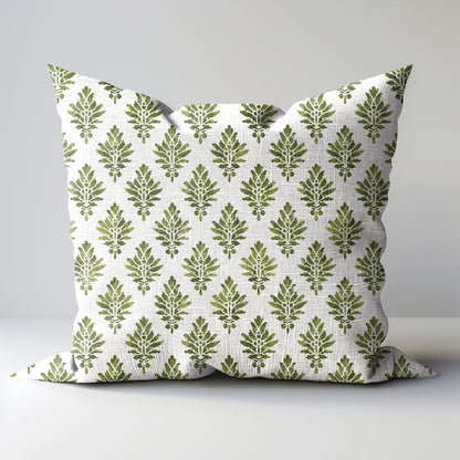 Designer Olive Green Floral on Linen Pillow Cover, Dark Green Boho Pillow, Farmhouse Floral Block printed pillow greenery