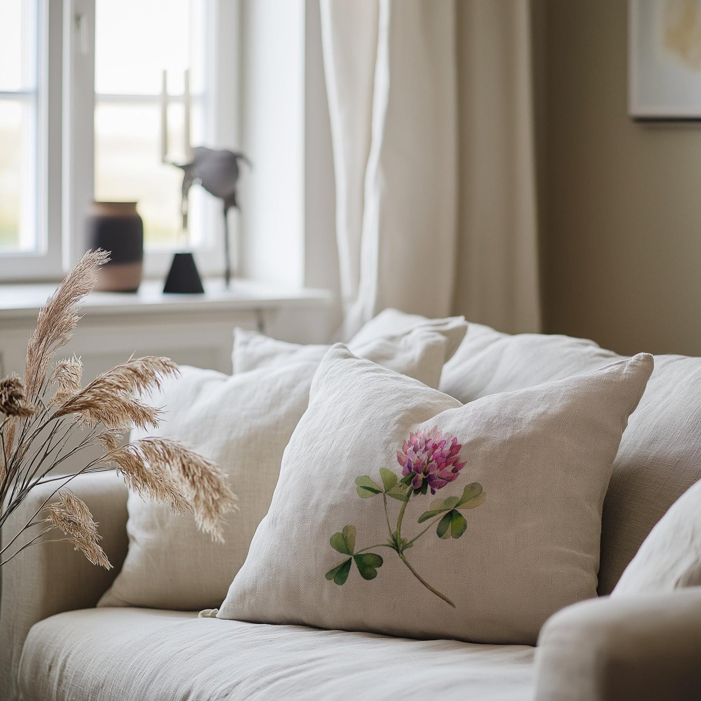 linen pillowcase in custom size pillow cover in neutral colors with CLOVER print - French linen Vintage Cottage Farmhouse cushion cover