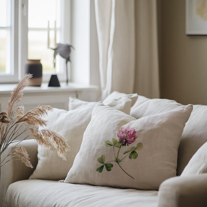 linen pillowcase in custom size pillow cover in neutral colors with CLOVER print - French linen Vintage Cottage Farmhouse cushion cover