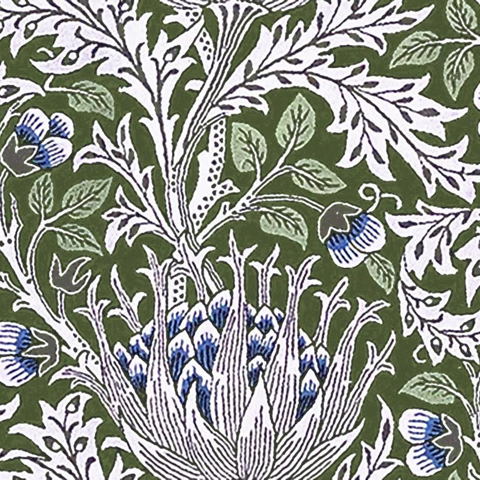 Linen foral tablecloth with ARTICHOKE -W william Morris green floral tablecloth - arts and crafts movement tablecloth Victorian style