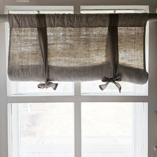 Linen curtains valance with tie up, farmhouse kitchen curtains in natural, door curtains with ties in custom size