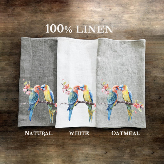 Friendship Tea Towel in linen - Hand Towels Tea with Birds - Dish Towel Kitchen Décor Festive season Christmas Friends Parrot love