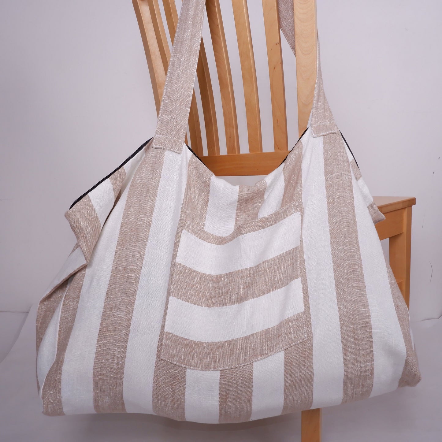 ZIPPER French style linen beach bag  - Oversized linen bag with zipper closure - linen beach bag with pockets  - large linen tote bag