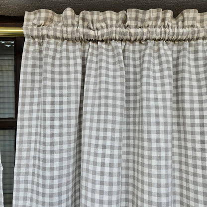 Natural linen Cafe Curtains in classic gingham, custom size Farmhous window panel, Living room Cafe Kitchen window curtain custom size