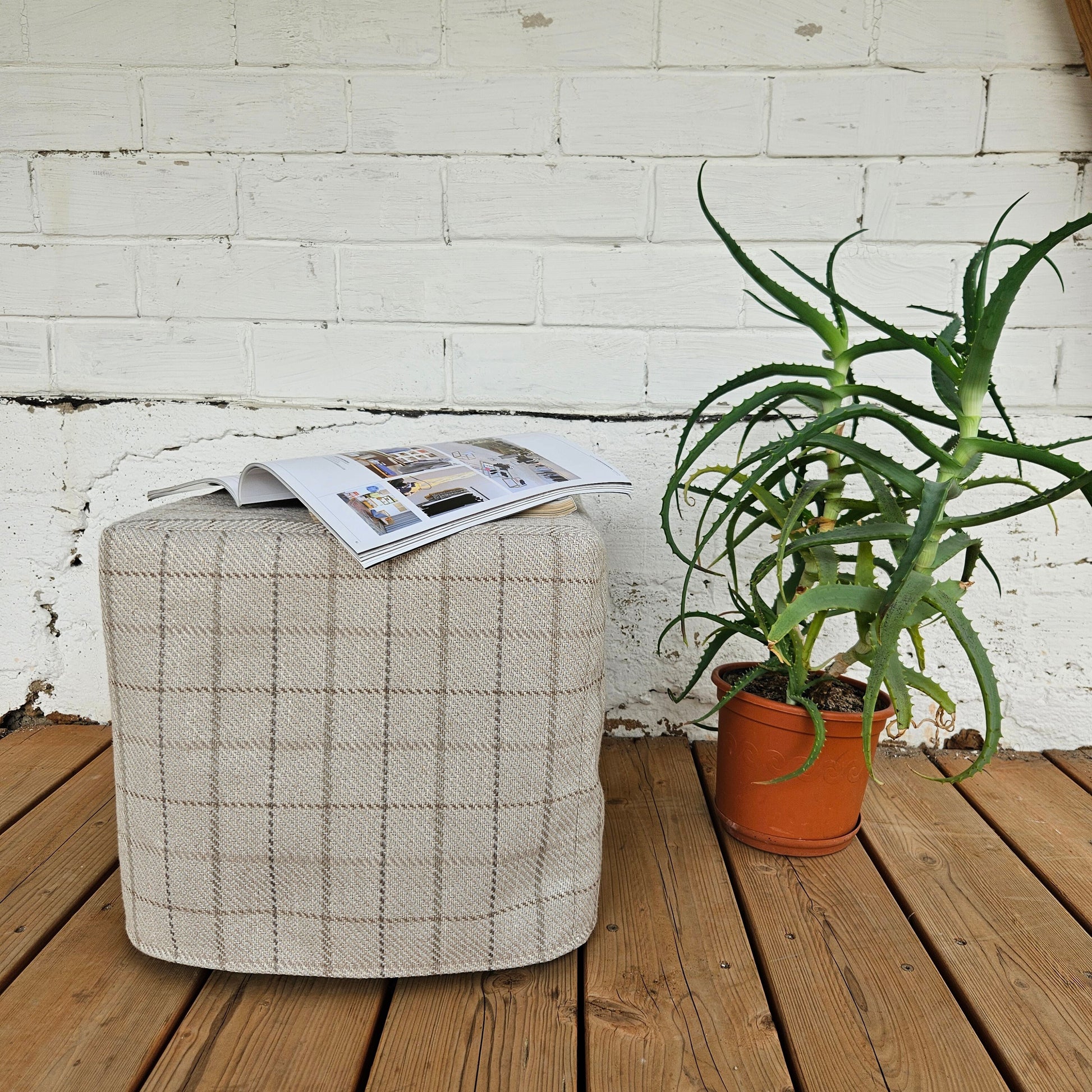 ottomanslip cover in linen in check