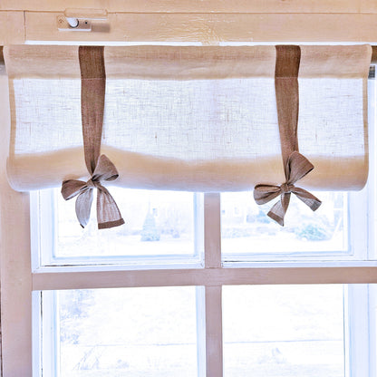 Linen curtains valance with tie up, farmhouse kitchen curtains in white with natur ties