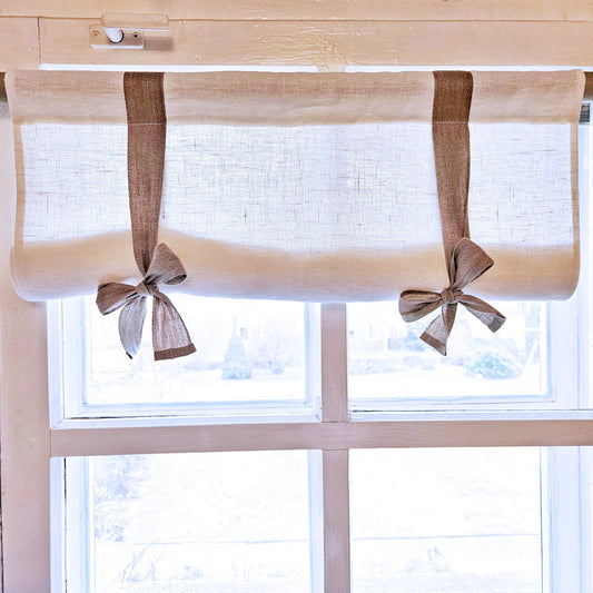 Linen curtains valance with tie up, farmhouse kitchen curtains in white with natur ties
