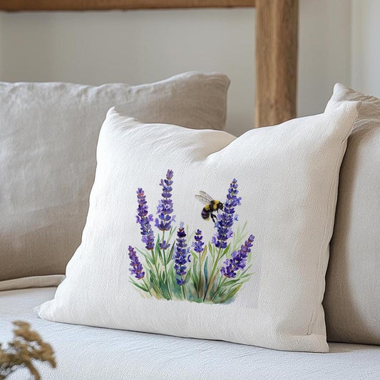 linen pillowcase in custom size pillow cover in neutral colors Lavender with bee print - French linen Vintage Cottage Farmhouse pillow cover