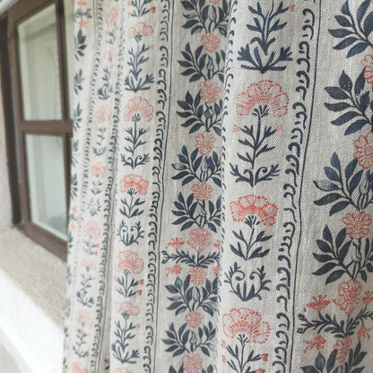 Curtains 100% Linen blue striped french print floral PREWASHED. kitchen Living room farmhouse curtains. Bedroom floral linen window panel