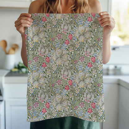 Golden lilly Tea Towel in linen - William Morris floral blossom print Hand Tea towels - Farmhouse Dish Décor Kitchen Towel