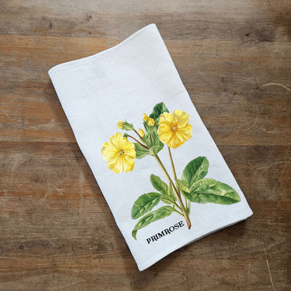 kitchen towel in white linen with primrose print, floral botanical hand towel in linen