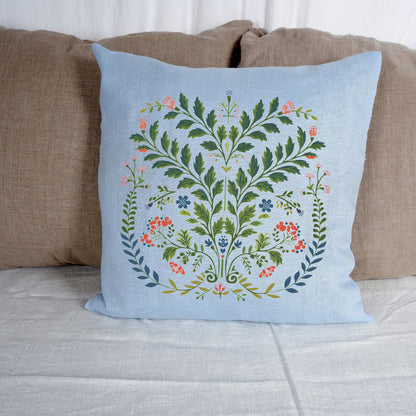 SALE LINEN Cushion cover with botanical folk art print , decorative linen pillow cover with floral print , Housewarming Gift