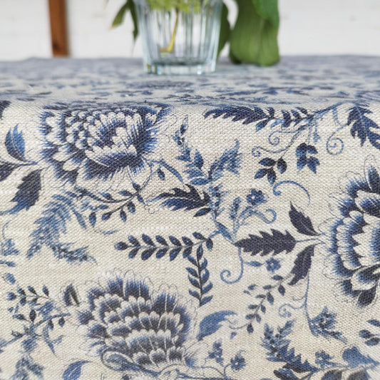 Linen foral tablecloth with blue flowers, French Retro Vintage Vibe table cloth Bohemian Wildflower Pattern