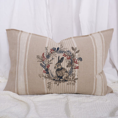 Striped linen pillowcase in french country style with rabbit and floral wreath print, French country linen  cushion cover meadow flowers