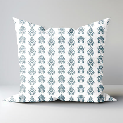 Designer Floral Teal blue on White linen pillow cover, Boho pillow with teal blue print, botanical Cushion cover decorative pillow cover