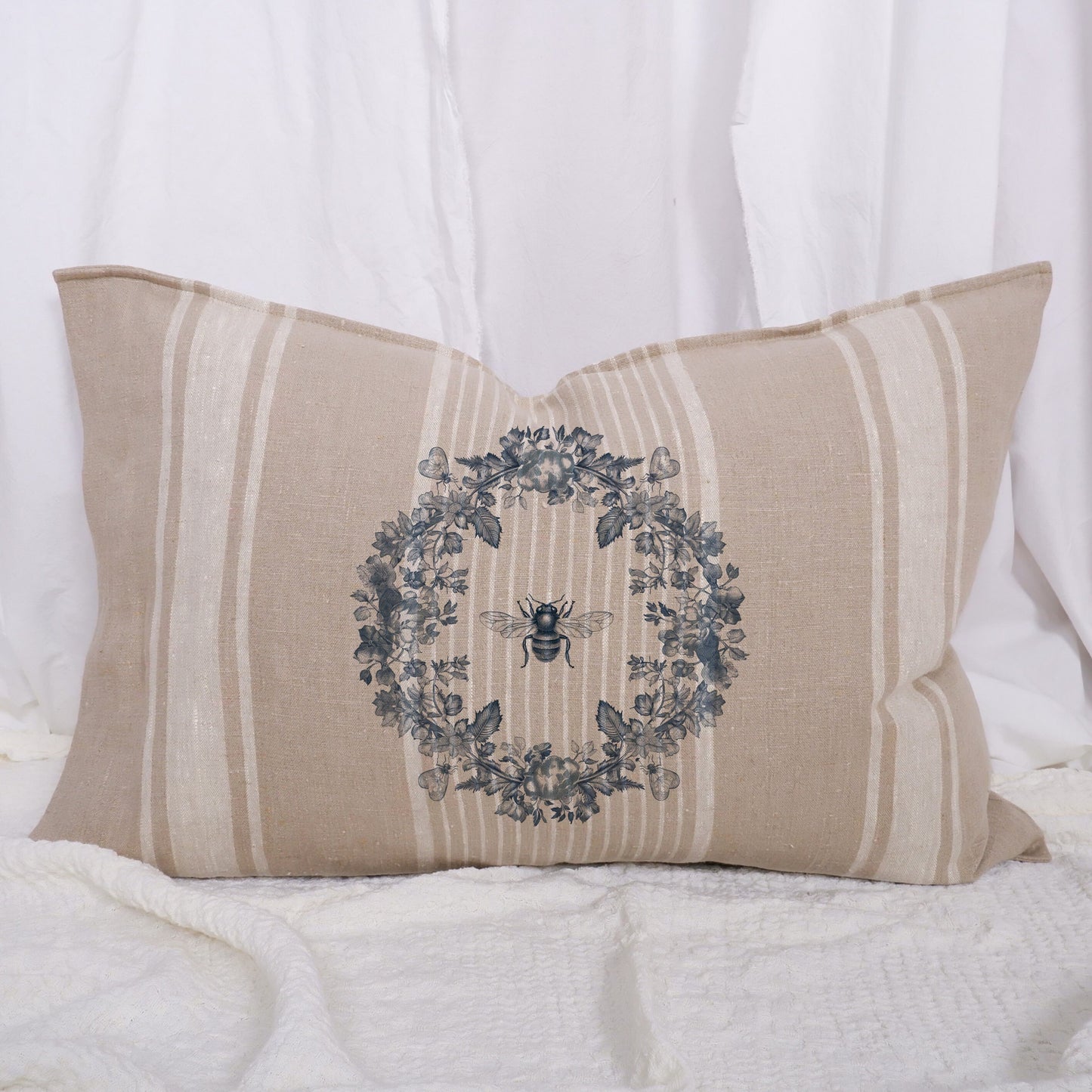 Striped linen pillowcase in french country style with humble bee and floral wreath print, French country linen  Grainsack cushion cover