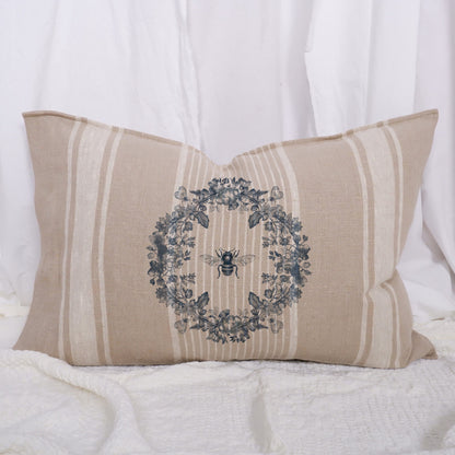 Striped linen pillowcase in french country style with humble bee and floral wreath print, French country linen  Grainsack cushion cover