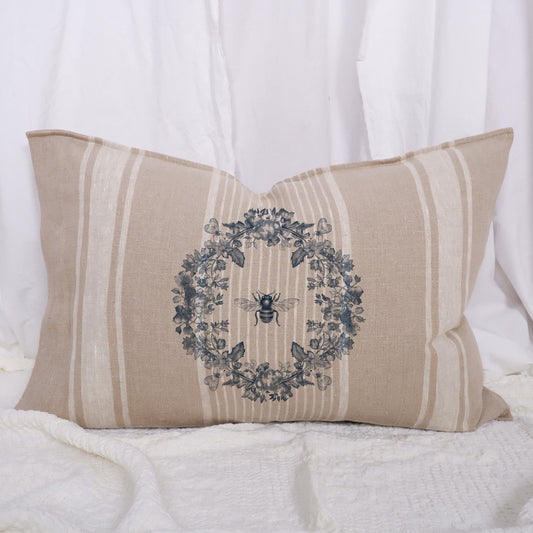 Striped linen pillowcase in french country style with humble bee and floral wreath print, French country linen  Grainsack cushion cover