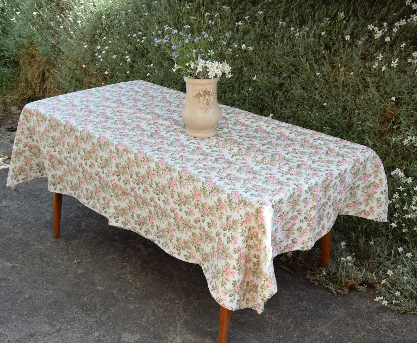 100% Linen tablecloth PREWASHED Provence Roses print French table cloth rustic rectangle square oval Grey Blue country style flax custom