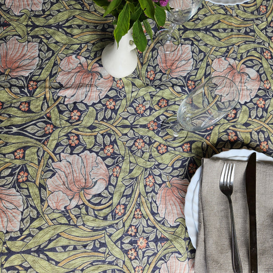 Linen foral tablecloth with birds, william Morris pimpernel tablecloth, arts and crafts movement tablecloth Victorian style