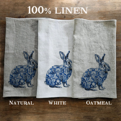 Bunny Floral Tea Towel in linen - Blue rabbit Hand Towels Tea - Farmhouse Floral Dish Towel - Kitchen Décor Eastern Kitchen Tea Towel