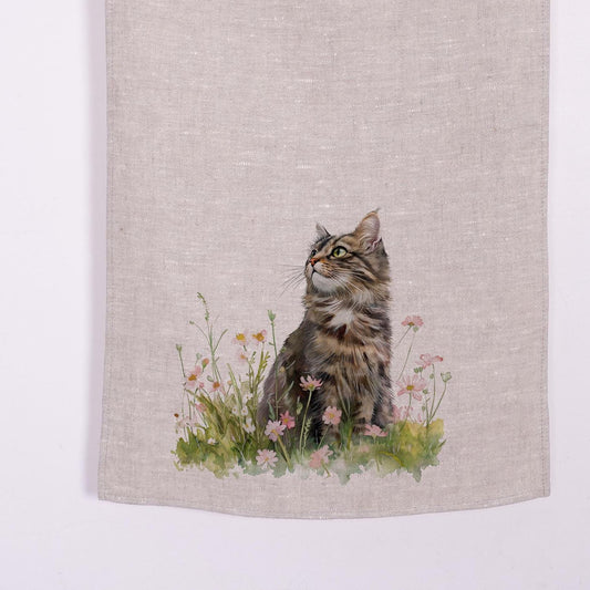 cat in meadow linen towel