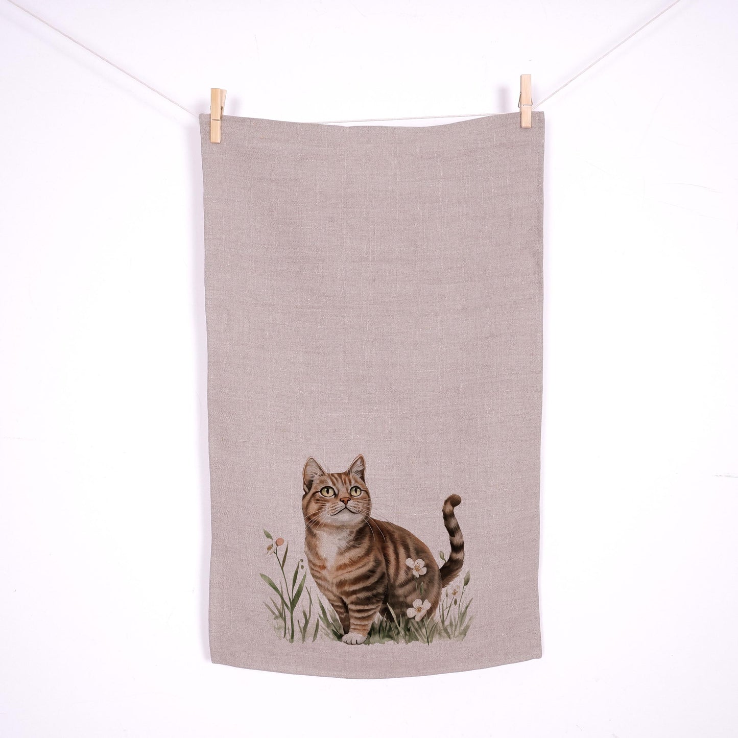 Katt på äng kökshandduk i linne - Tabby katt kawaii handdukar - Farmhouse blommig diskhandduk