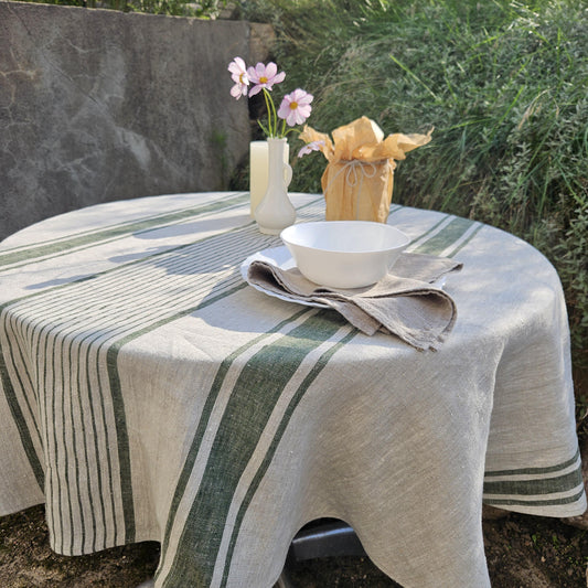 100% Linen Tablecloth in french Provance striped linen for Round table - Table cloth in Natural Linen in custom size neutral green stripes