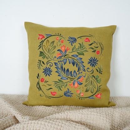 SALE LINEN Cushion cover with botanical print , decorative linen pillow cover with folk art print , Floral Housewarming Gift