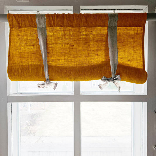 Linen curtains valance with tie up mustard yellow, farmhouse kitchen curtains in natural