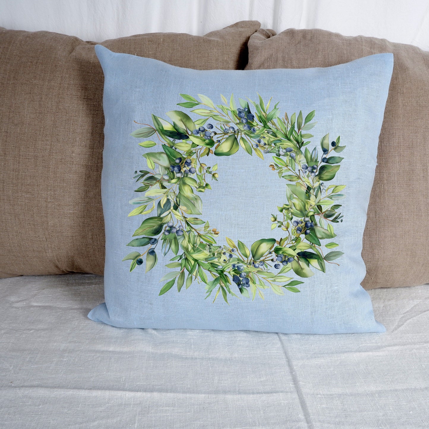 SALE LINEN Cushion cover in blue with greenery wreath , decorative linen pillow cover cushion