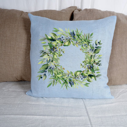SALE LINEN Cushion cover in blue with greenery wreath , decorative linen pillow cover cushion