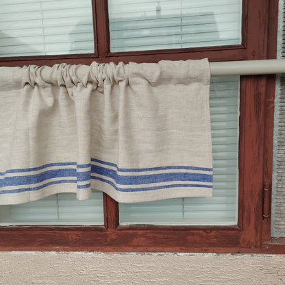 Ticking Valance - grey blue - Farmhouse Pure linen window treatment - Living room Cafe Kitchen window panel - Grain sack farmhouse curtains