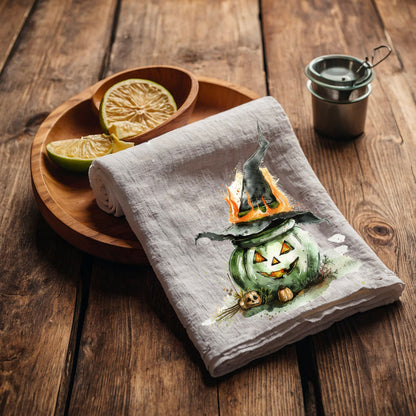 Halloween Tea Towel in linen, Pumpkins Hand Towels Tea in linen, cats linen  Dish Towel, witch hat Kitchen Décor Tea Towel in linen