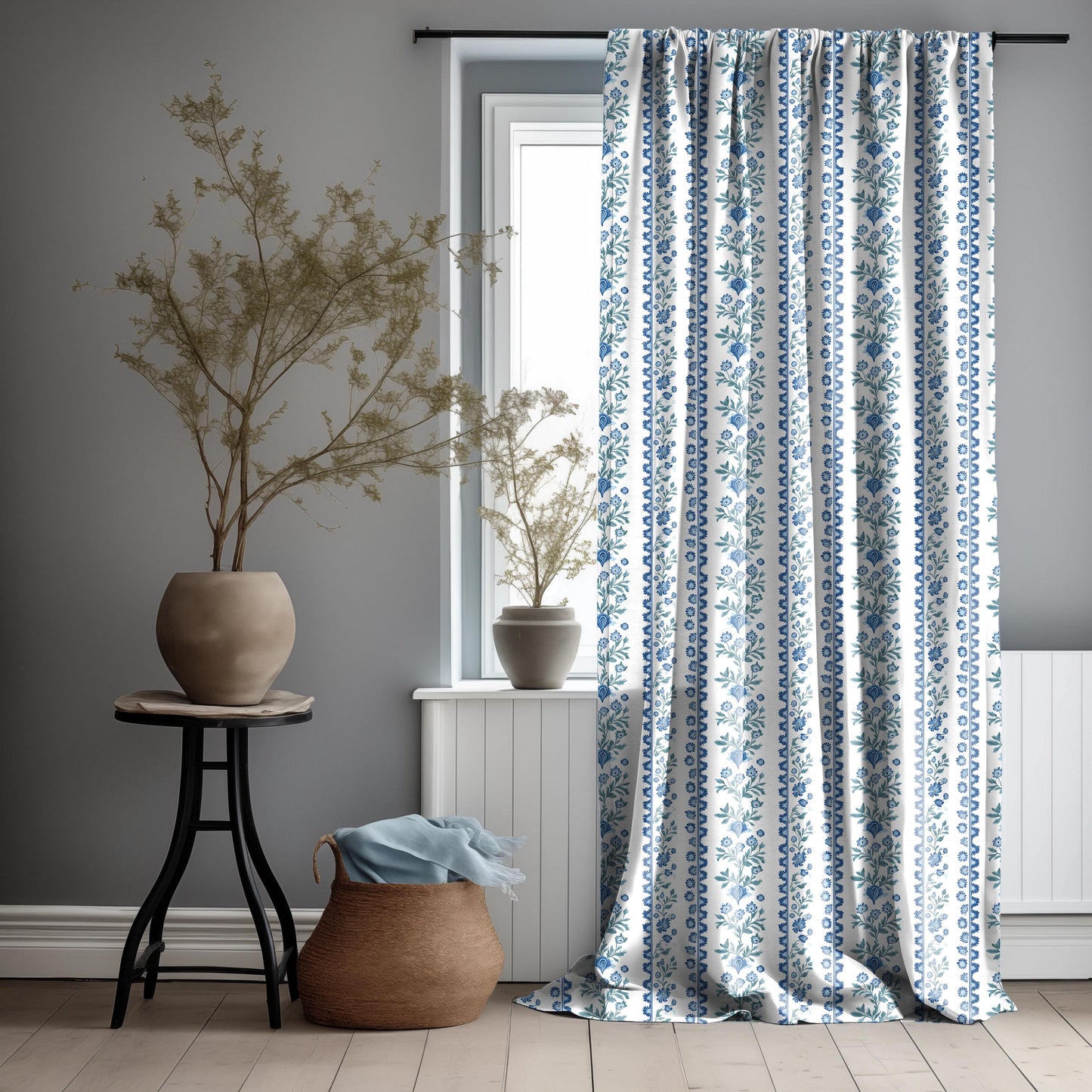 Curtains 100% Linen with floral stripe blue green white print PREWASHED - kitchen Living room farmhouse linen window panel herritage print