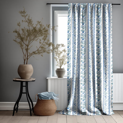 Curtains 100% Linen with floral stripe blue green white print PREWASHED - kitchen Living room farmhouse linen window panel herritage print