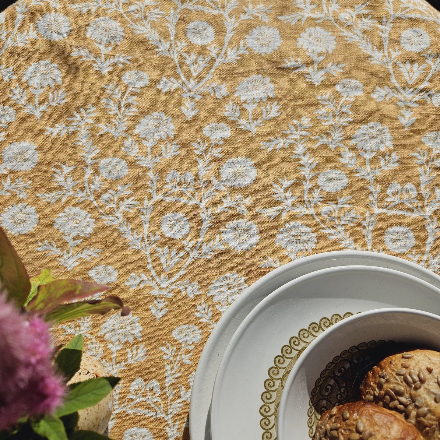 Linen foral tablecloth in mustard black print floral, Sophisticated designer contemporary tablecloth in linen