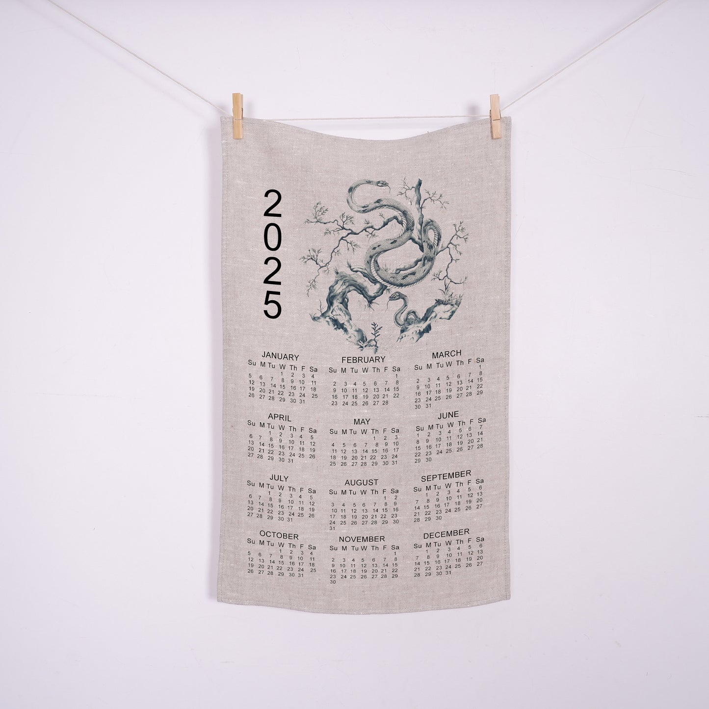 2025 Calendar Towel with year zodiac Snake in linen, linen tea towel with 2025 Calendar, linen guest towel 2025 Calendar