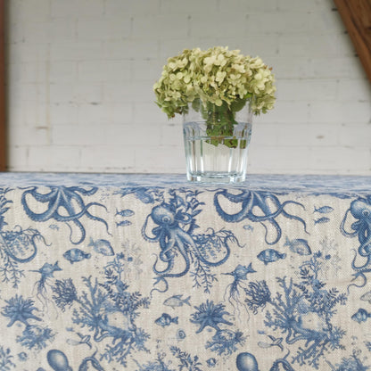 Linen foral tablecloth Blue Coastal with octopus print, French Retro Vintage table cloth Bohemian Blue on natural linen