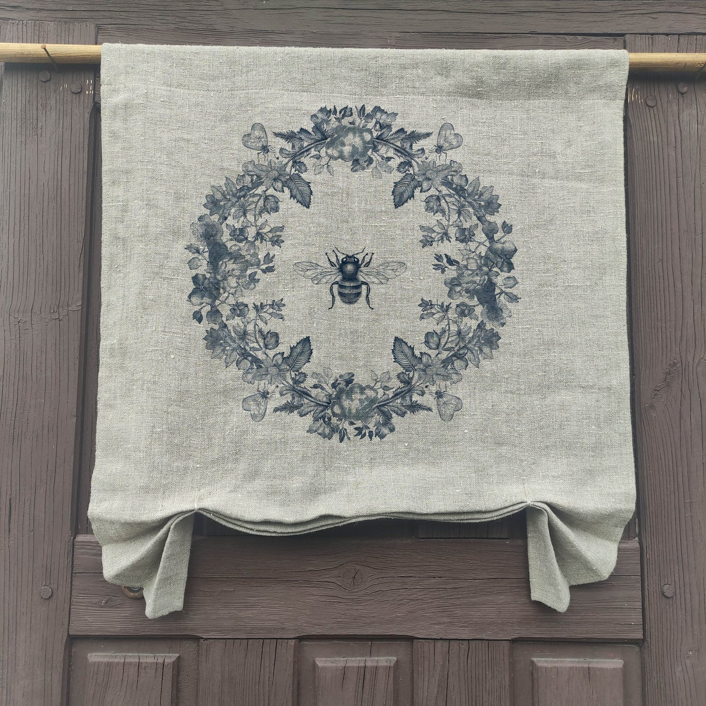 natural French Door Valance 1 Panel with bee with floral wreath stamp, curtain panels for door window in linen for rustic farmhouse style
