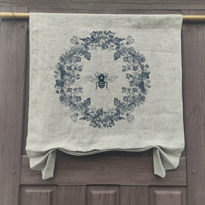 natural French Door Valance 1 Panel with bee with floral wreath stamp, curtain panels for door window in linen for rustic farmhouse style