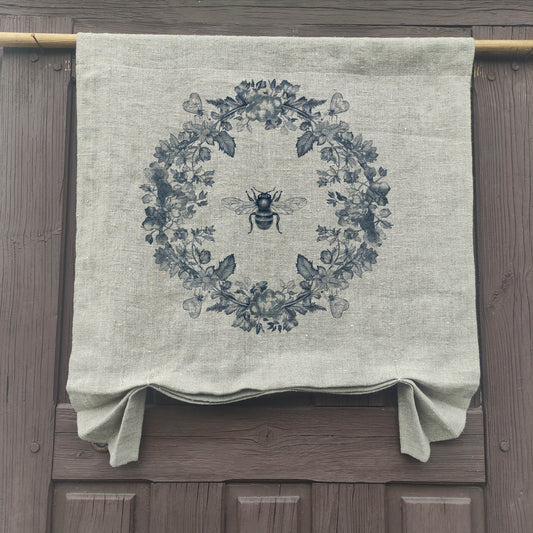 natural French Door Valance 1 Panel with bee with floral wreath stamp, curtain panels for door window in linen for rustic farmhouse style