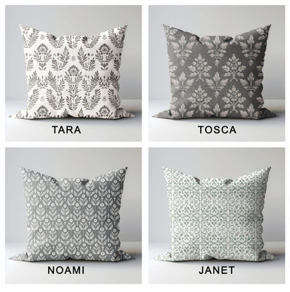 Modern grey linen Floral Pillow Cover, neutral Boho Pillow block print on linen, Coutrynome block printed pillow case in European flax